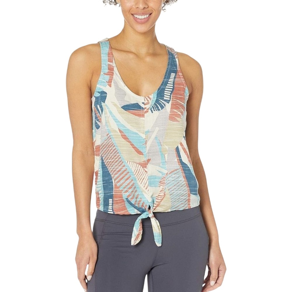 prAna Women Multicolor Tropical Leaf Tie Front Tencel Tank Top Size SMALL (1126)